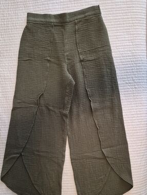 100% Cotton Ecru Olive Gauze Wide-Leg Pants Like New XS